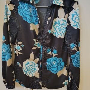 Vintage Women's Black Blue Beige Floral Button Collared Long Sleeve Blouse S